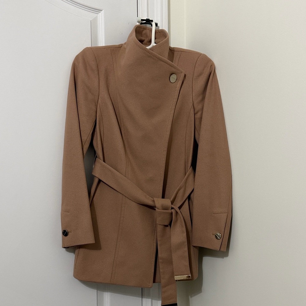 Ted Baker Camel Short Belted Wool Cashmere Blend Wrap Coat Size 0